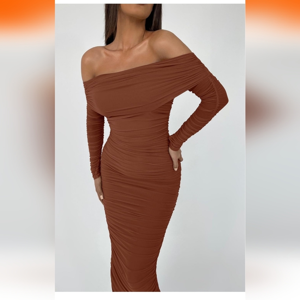 Off-Shoulder Rust/Brown/Burnt Orange Slimming Dress With Mesh Detail - Picture 2 of 9
